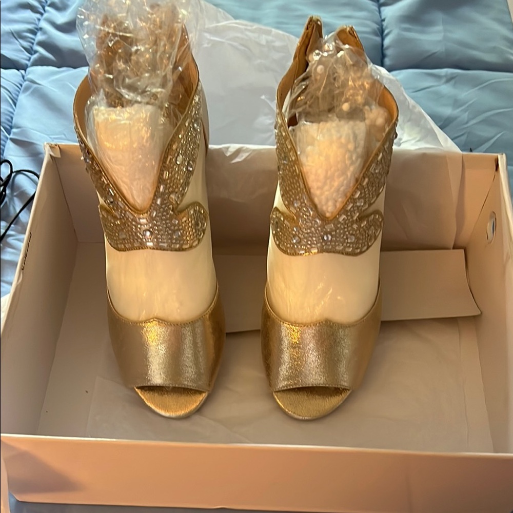 Midnight Velvet Gold and Silver Heels with beading